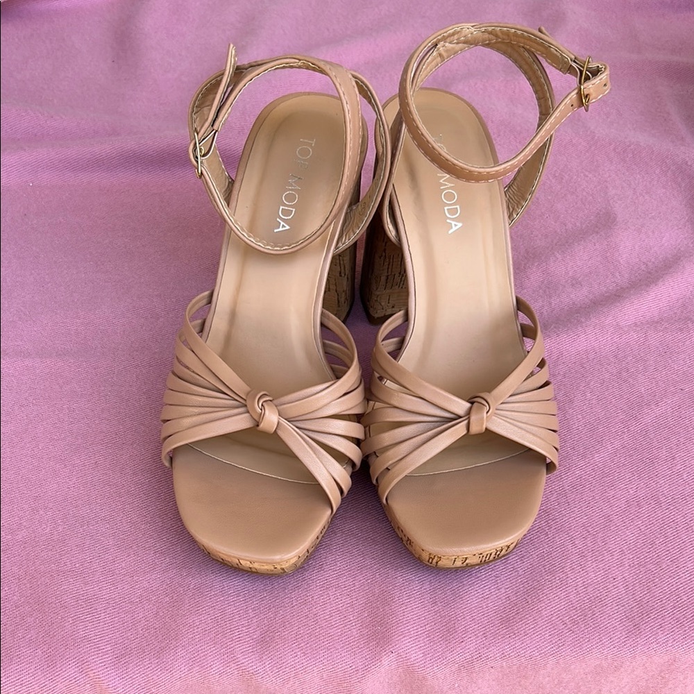 TOP Moda Tan Wedge Sandals with Ankle Straps